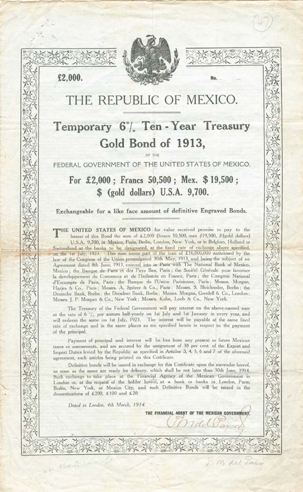 "White Dove" Republic of Mexico - 1913 dated £2,000 British Pounds Mexican Bond